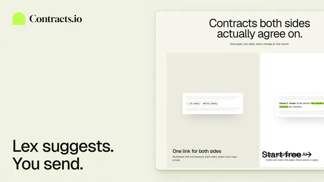 Landscape graphic for contracts.io: "Lex suggests. You send." Data card style, image led layout, light palette in white, yellow, grey.
