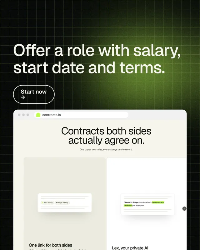 Instagram portrait post for contracts.io: "Offer a role with salary, start date and terms." Phosphor atlas style, browser layout, light palette in black, white, green.