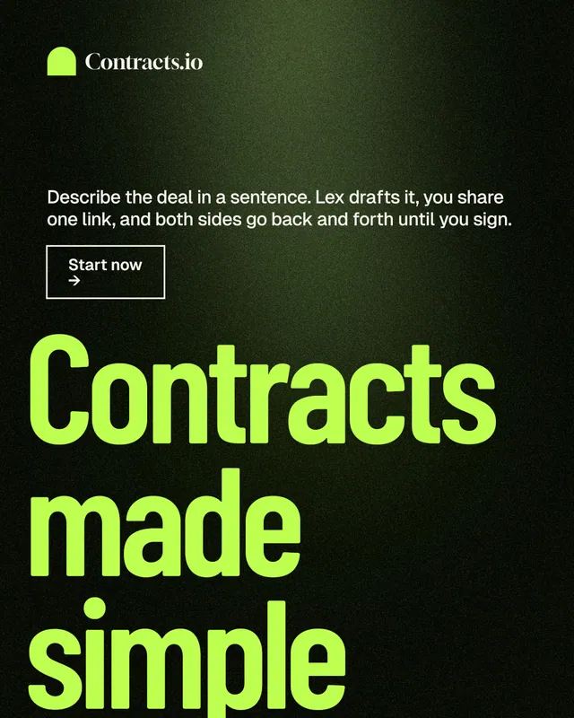 Instagram portrait post for contracts.io: "Contracts made simple." Dark deco style, oversized layout, dark palette in green, black.
