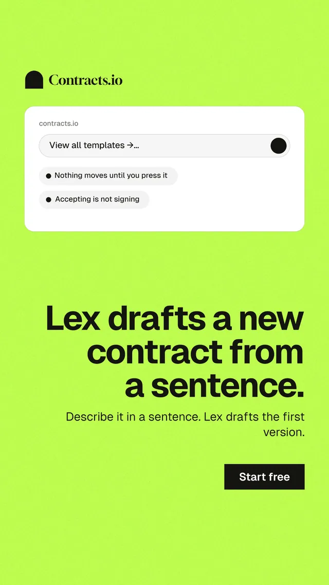 Instagram story for contracts.io: "Lex drafts a new contract from a sentence." Swiss style, right layout, light palette in green.