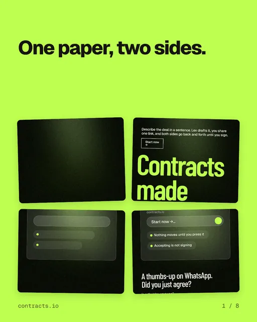 Carousel for contracts.io: "One paper, two sides.". Collection carousel, 8 slides, light palette.