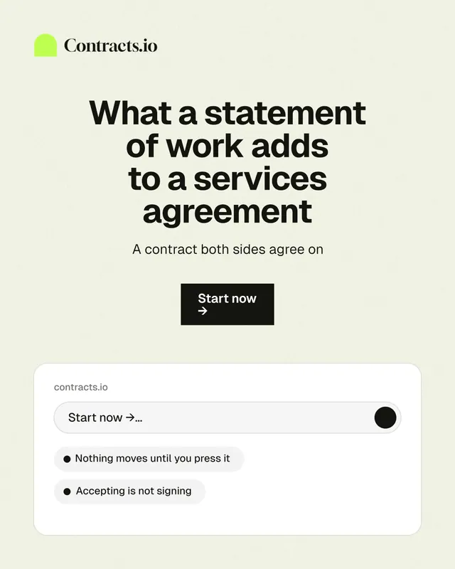 Instagram portrait post for contracts.io: "What a statement of work adds to a services agreement". Swiss style, centred layout, light palette in white, grey.