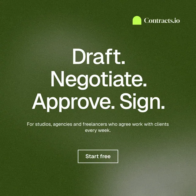Instagram post for contracts.io: "Draft. Negotiate. Approve. Sign." Cyanotype style, centred layout, dark palette in green, grey.