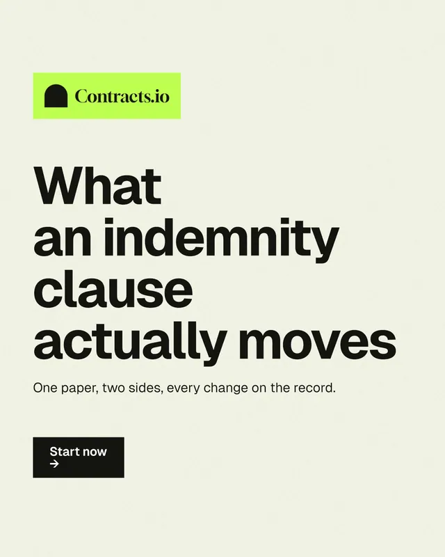 Instagram portrait post for contracts.io: "What an indemnity clause actually moves". Swiss style, announce layout, light palette in white, yellow, grey.