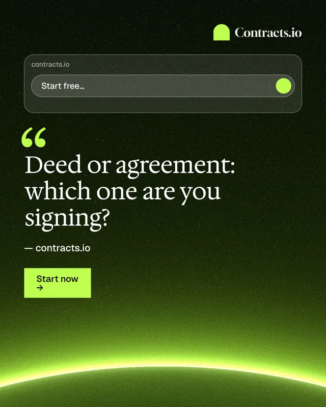 Instagram portrait post for contracts.io: "Deed or agreement: which one are you signing?" Swiss style, quote layout, dark palette in green, black.