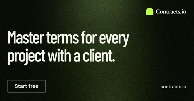 Social ad for contracts.io: "Master terms for every project with a client." Dark deco style, poster layout, dark palette in black, grey.