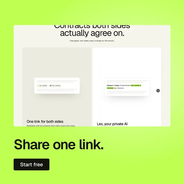 Video for contracts.io: "Share one link.". Doc motion loop, 6.0 s, light palette.