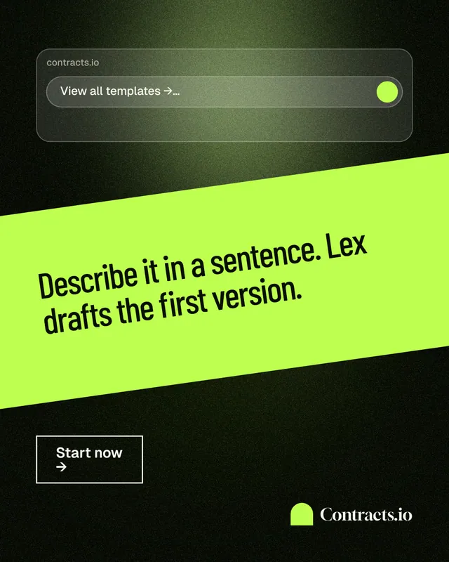 Instagram portrait post for contracts.io: "Describe it in a sentence. Lex drafts the first version." Dark deco style, diagonal layout, dark palette in green, black.