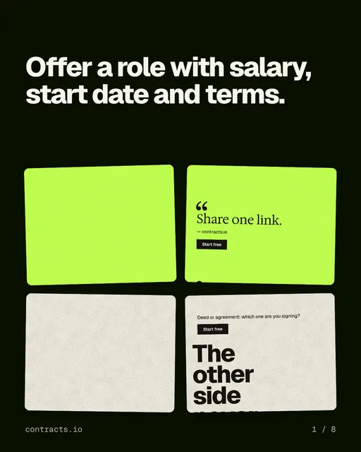 Carousel for contracts.io: "Offer a role with salary, start date and terms.". Collection carousel, 8 slides, dark palette.