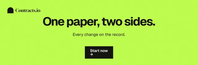 X header for contracts.io: "One paper, two sides." Swiss style, centred layout, light palette in green.