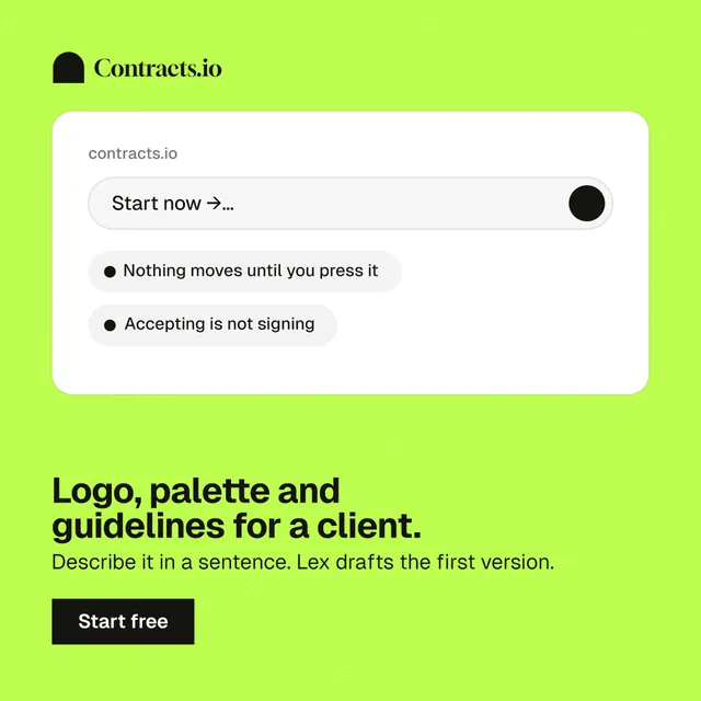 Instagram post for contracts.io: "Logo, palette and guidelines for a client." Swiss style, bottom layout, light palette in white, green.