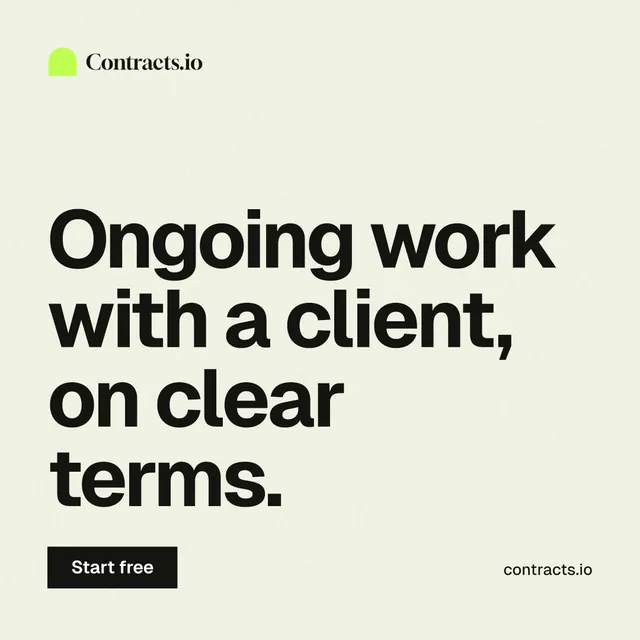 Instagram post for contracts.io: "Ongoing work with a client, on clear terms." Swiss style, poster layout, light palette in white, grey.