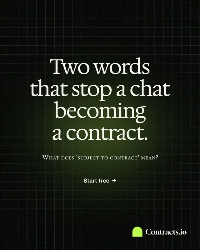 Instagram portrait post for contracts.io: "Two words that stop a chat becoming a contract." Phosphor atlas style, smallcaps layout, dark palette in black, grey.