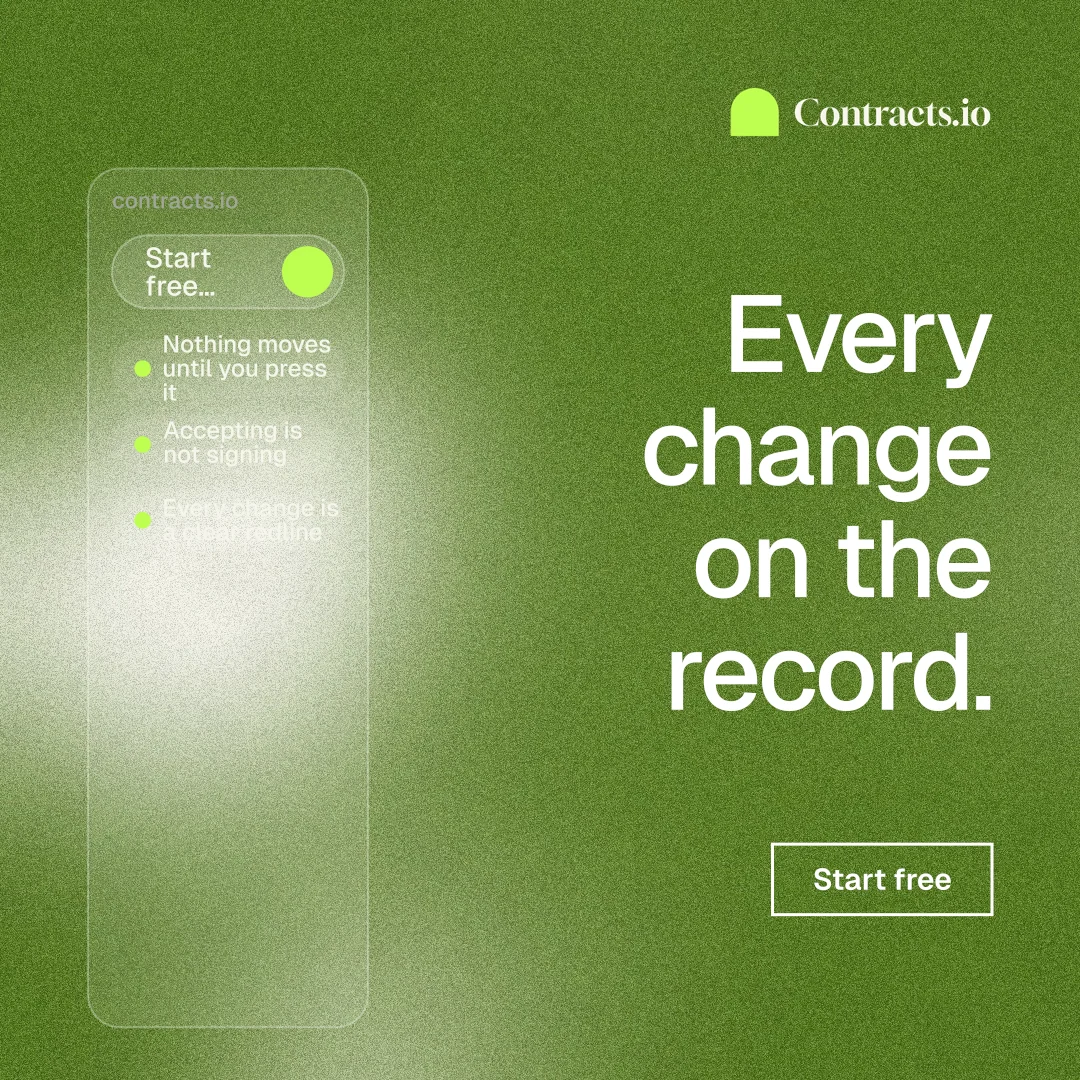 Instagram post for contracts.io: "Every change on the record." Cyanotype style, right layout, light palette in green.