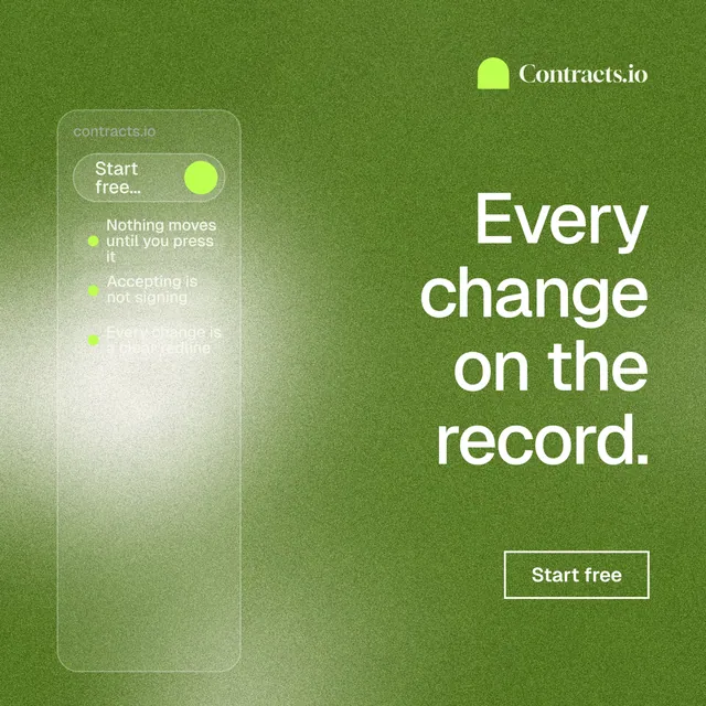 Instagram post for contracts.io: "Every change on the record." Cyanotype style, right layout, light palette in green.
