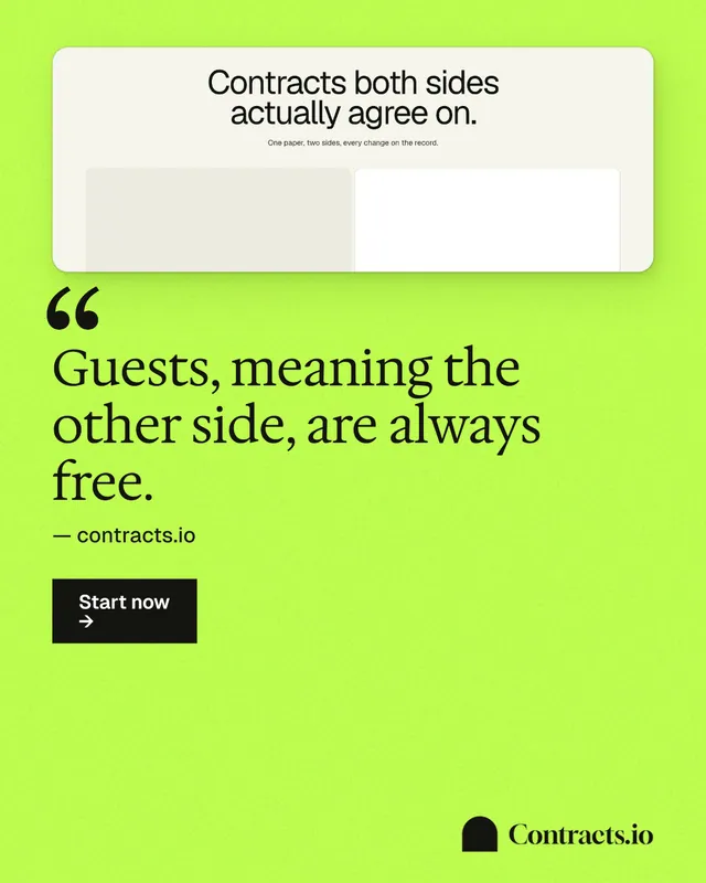 Instagram portrait post for contracts.io: "Guests, meaning the other side, are always free." Swiss style, quote layout, light palette in green.