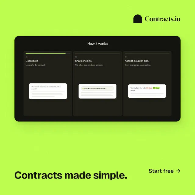 Instagram post for contracts.io: "Contracts made simple." Swiss style, image led layout, light palette in green, black.