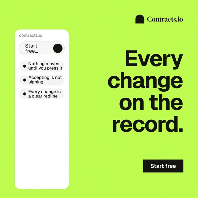 Instagram post for contracts.io: "Every change on the record." Swiss style, right layout, light palette in green.