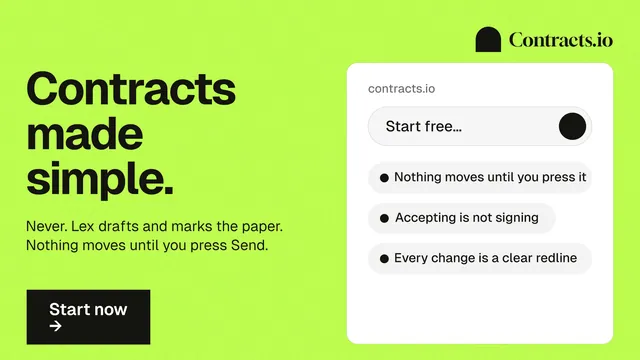 Landscape graphic for contracts.io: "Contracts made simple." Swiss style, bottom layout, light palette in green.
