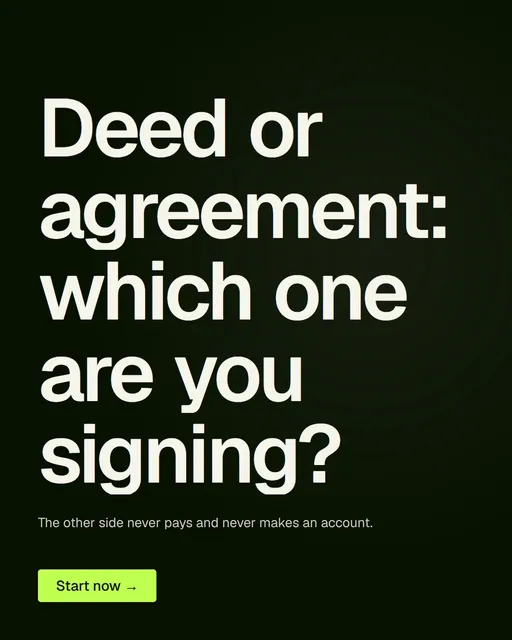 Video for contracts.io: "Deed or agreement: which one are you signing?". Doc motion loop, 7.0 s, dark palette.