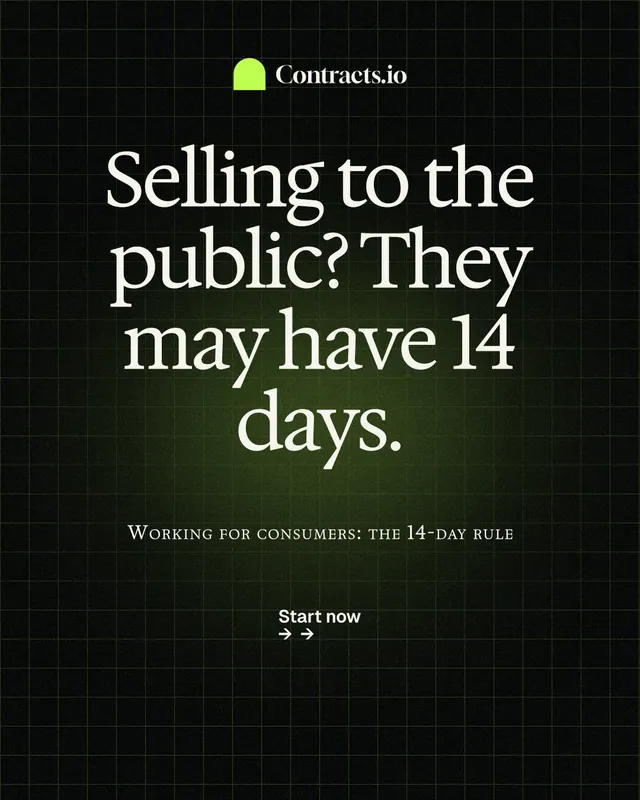 Instagram portrait post for contracts.io: "Selling to the public? They may have 14 days." Phosphor atlas style, smallcaps layout, dark palette in black, grey.
