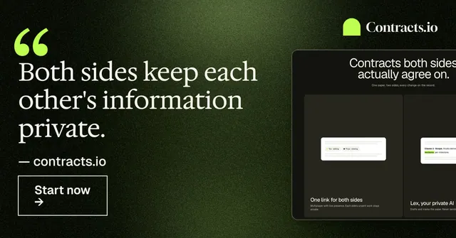 Social ad for contracts.io: "Both sides keep each other's information private." Dark deco style, quote layout, dark palette in green, black, grey.