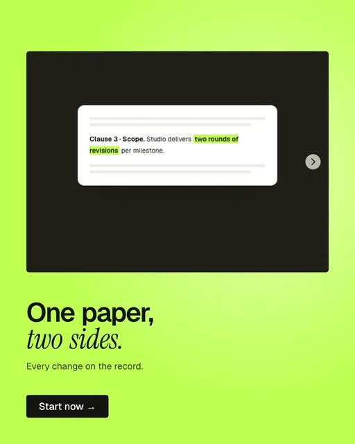 Video for contracts.io: "One paper, two sides.". Doc motion loop, 8.0 s, light palette.