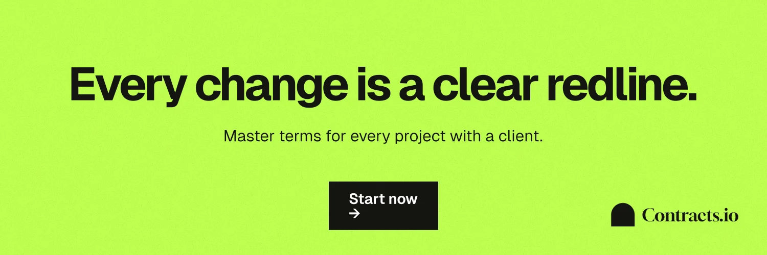 X header for contracts.io: "Every change is a clear redline." Swiss style, centred layout, light palette in green.