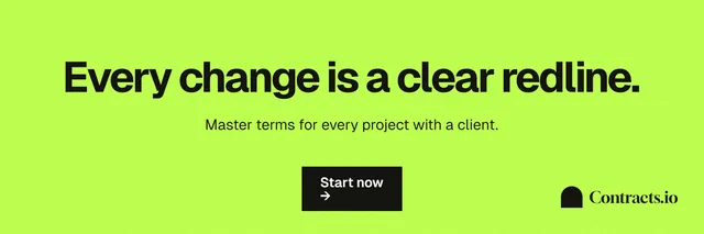 X header for contracts.io: "Every change is a clear redline." Swiss style, centred layout, light palette in green.