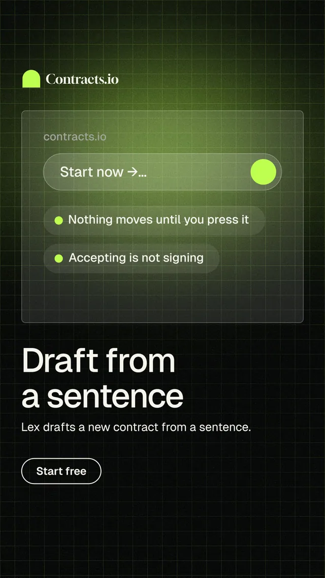 Instagram story for contracts.io: "Draft from a sentence". Phosphor atlas style, bottom layout, dark palette in black, green.
