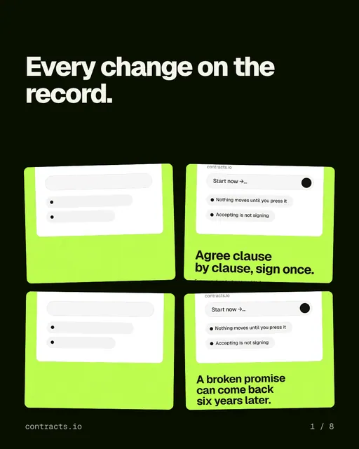 Carousel for contracts.io: "Every change on the record.". Collection carousel, 8 slides, dark palette.