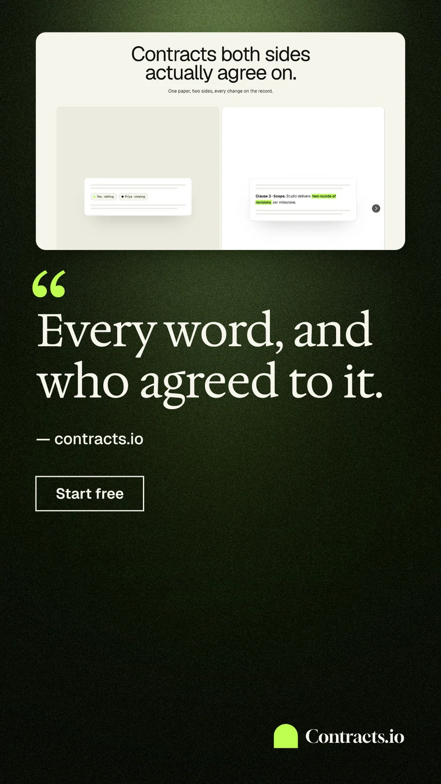 Instagram story for contracts.io: "Every word, and who agreed to it." Dark deco style, quote layout, dark palette in white, black, green.