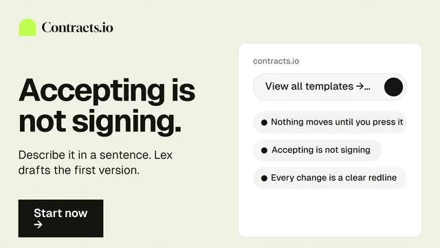 Landscape graphic for contracts.io: "Accepting is not signing." Swiss style, bottom layout, light palette in white, grey.