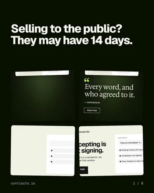 Carousel for contracts.io: "Selling to the public? They may have 14 days.". Collection carousel, 8 slides, dark palette.