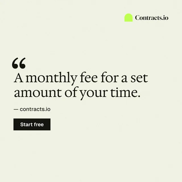 Instagram post for contracts.io: "A monthly fee for a set amount of your time." Swiss style, quote layout, light palette in white, yellow.