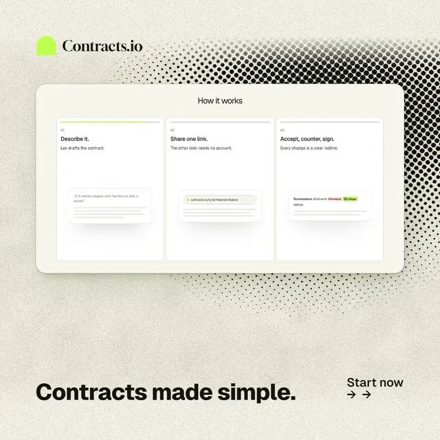 Instagram post for contracts.io: "Contracts made simple." Ink sticker style, image led layout, light palette in yellow, white, grey.
