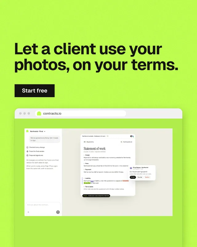 Instagram portrait post for contracts.io: "Let a client use your photos, on your terms." Swiss style, browser layout, light palette in green.