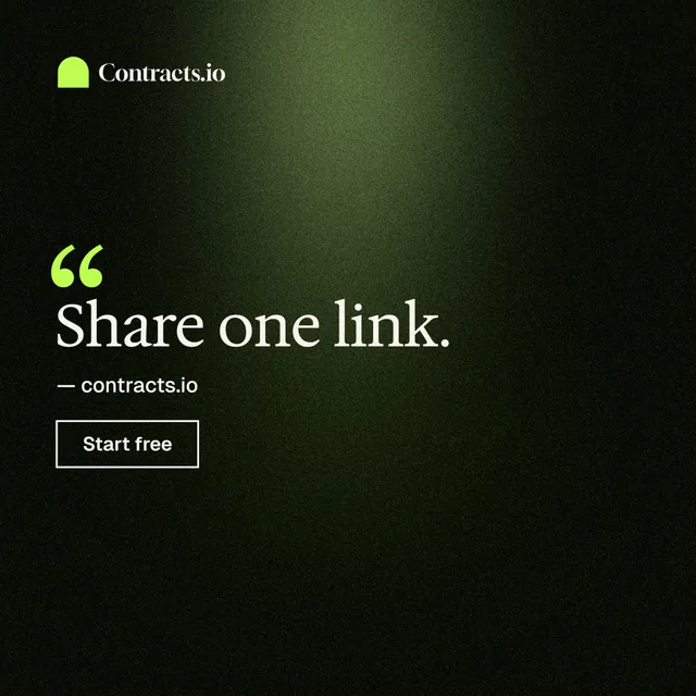 Instagram post for contracts.io: "Share one link." Dark deco style, quote layout, dark palette in black, green.