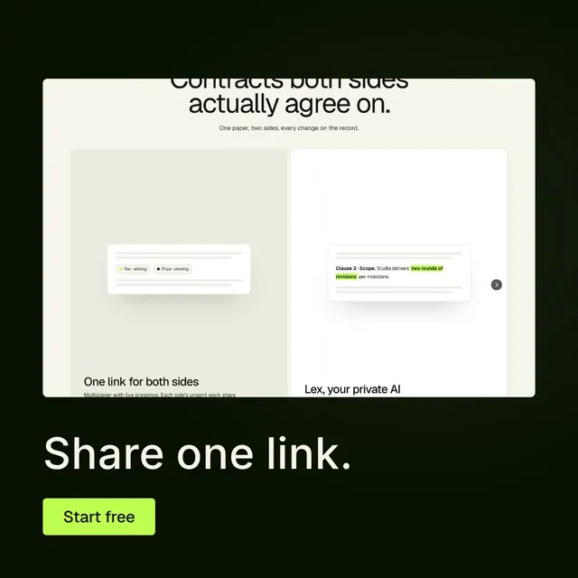 Video for contracts.io: "Share one link.". Doc motion loop, 6.0 s, light palette.