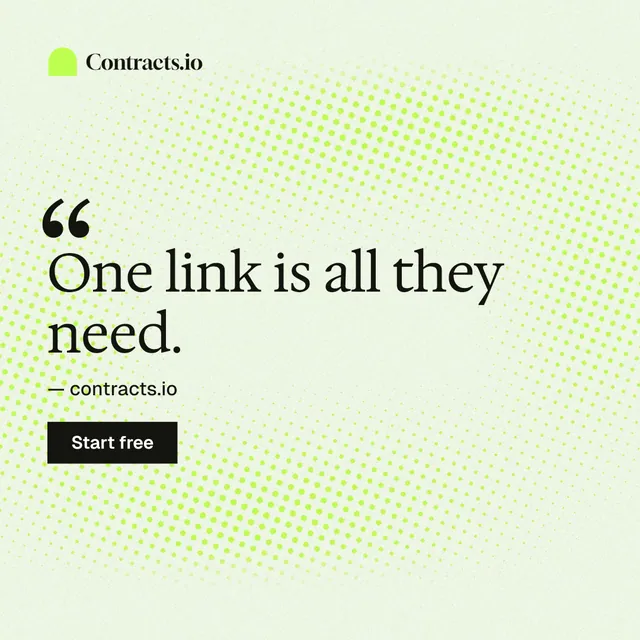 Instagram post for contracts.io: "One link is all they need." Swiss style, quote layout, light palette in white, green, grey.