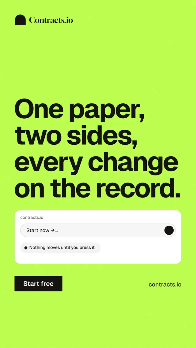 Instagram story for contracts.io: "One paper, two sides, every change on the record." Swiss style, poster layout, light palette in green.