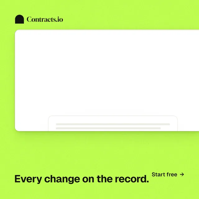 Instagram post for contracts.io: "Every change on the record." Swiss style, image led layout, light palette in green, white.