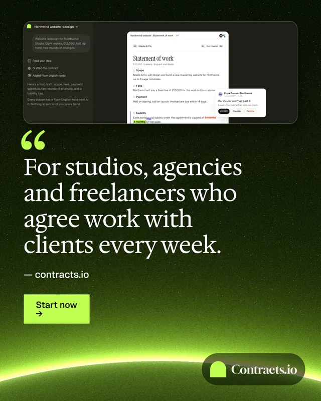Instagram portrait post for contracts.io: "For studios, agencies and freelancers who agree work with clients every week." Swiss style, quote layout, dark palette in green, black.