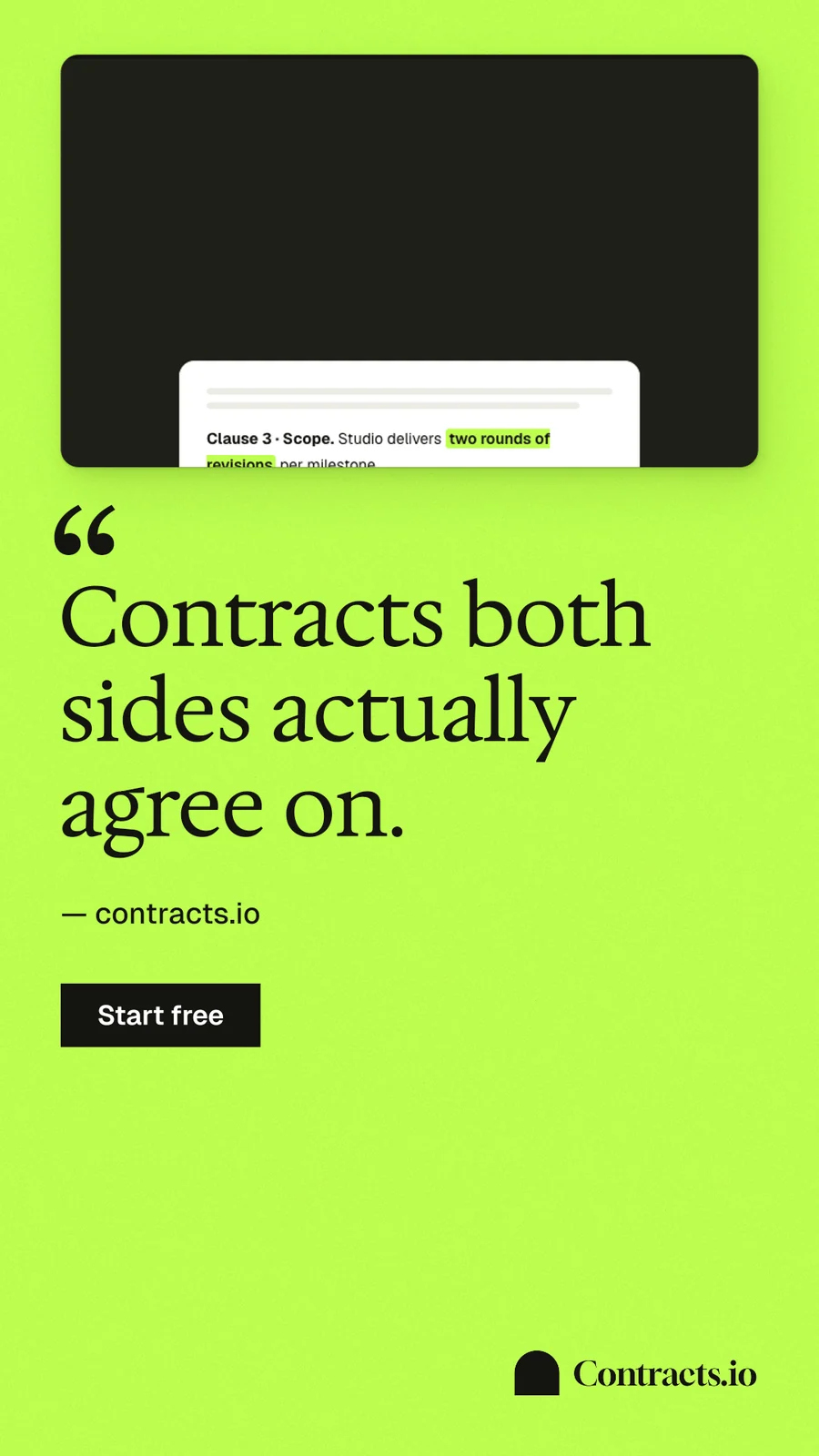 Instagram story for contracts.io: "Contracts both sides actually agree on." Swiss style, quote layout, light palette in green, black.