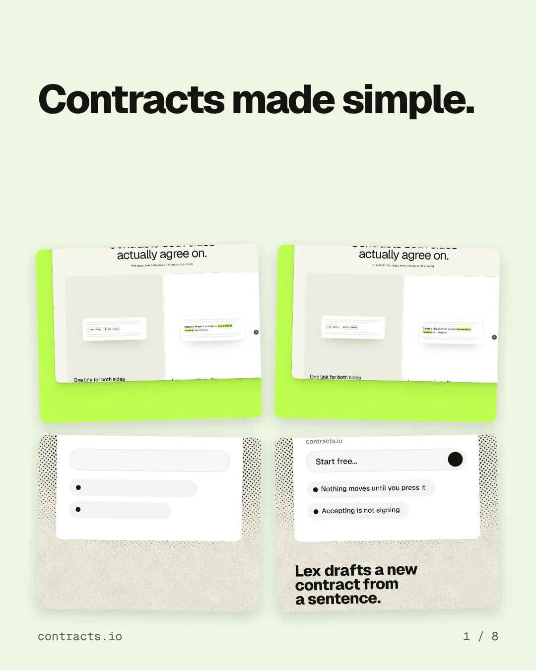 Carousel for contracts.io: "Contracts made simple.". Collection carousel, 8 slides, light palette.