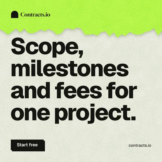 Instagram post for contracts.io: "Scope, milestones and fees for one project." Paper trio style, poster layout, light palette in green, grey.