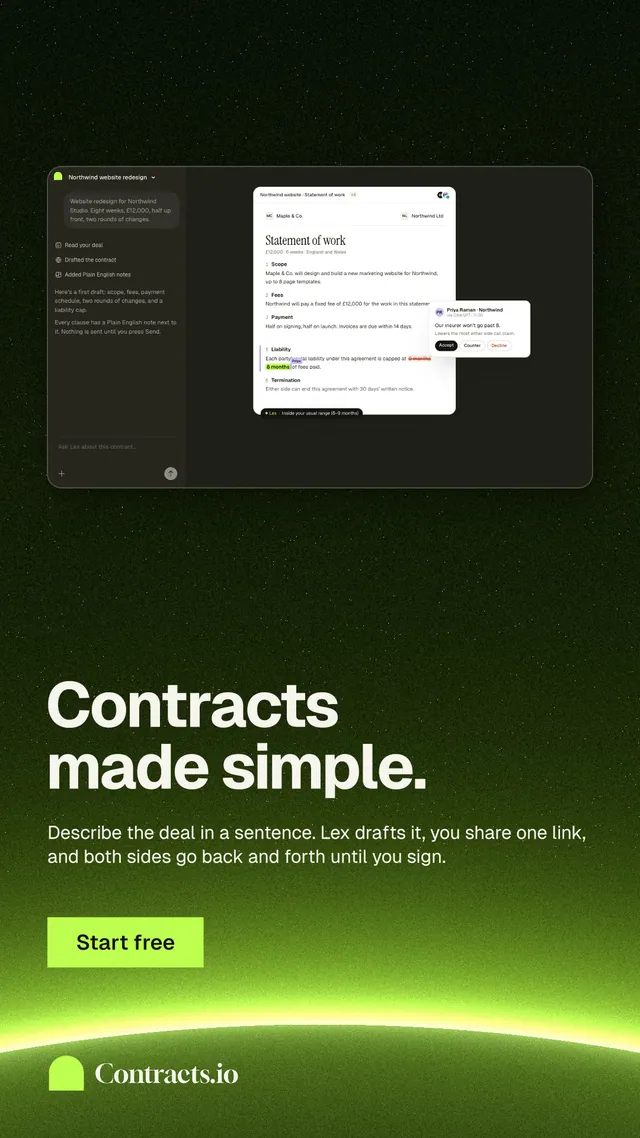 Instagram story for contracts.io: "Contracts made simple." Swiss style, bottom layout, dark palette in black, green.