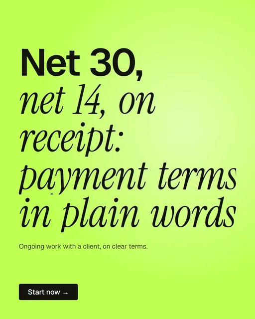 Video for contracts.io: "Net 30, net 14, on receipt: payment terms in plain words". Doc motion loop, 7.0 s, light palette.