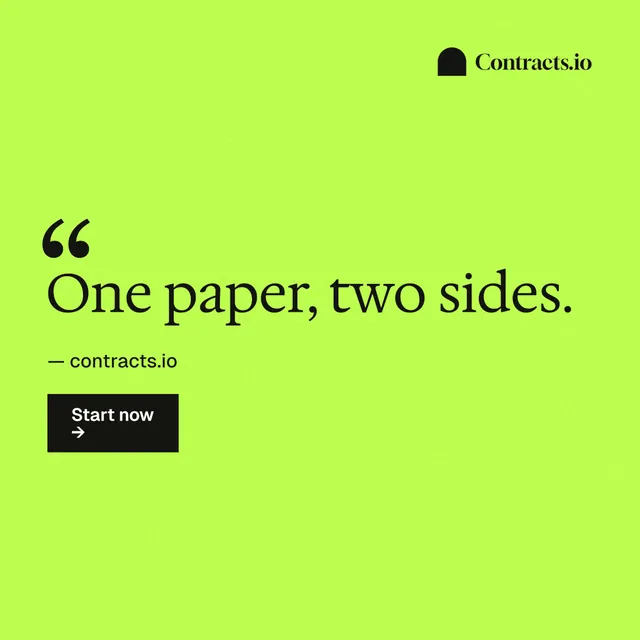 Instagram post for contracts.io: "One paper, two sides." Swiss style, quote layout, light palette in green.