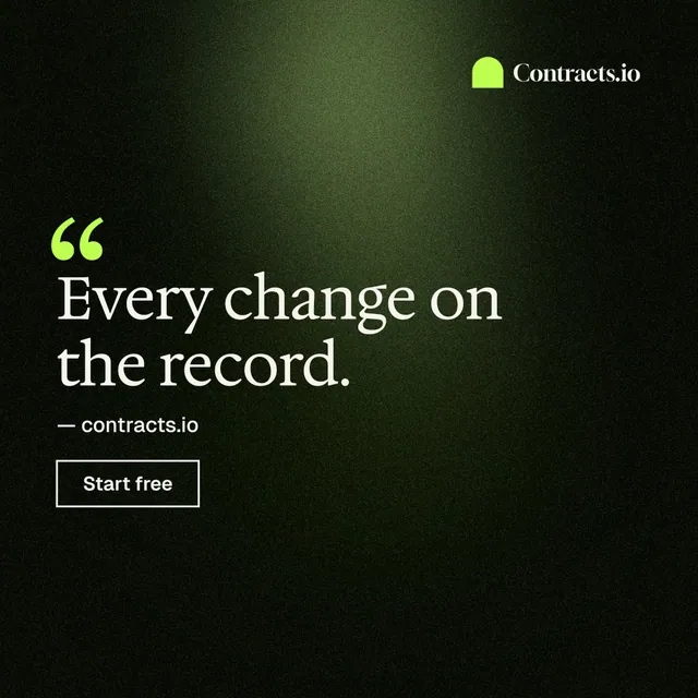 Instagram post for contracts.io: "Every change on the record." Dark deco style, quote layout, dark palette in black, green.